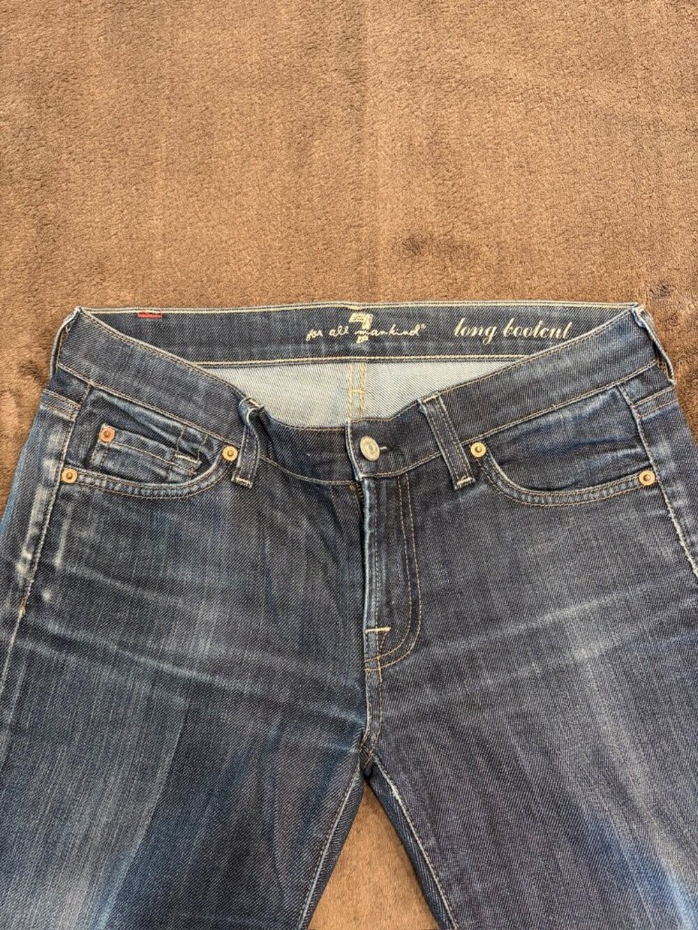 7 For All Mankind Long Bootcut Jeans Size 28 Medium Indigo Distressed Hem Stains
